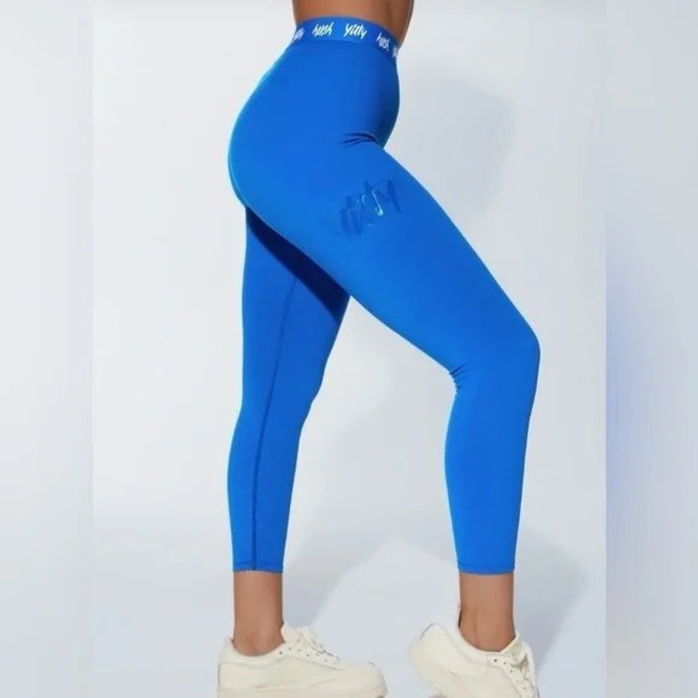 Yitty Womens Royal Blue High Waisted Logo Waistband Leggings Size Large